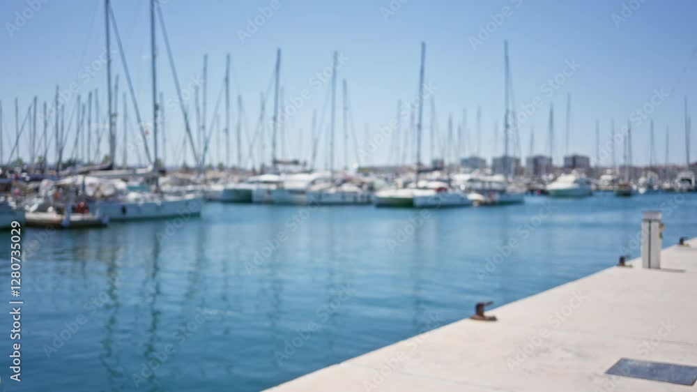 Blurred marina with many sailboats docked on a sunny day with clear blue sky and calm water in the background Blurred marina with many sailboats docked on a sunny day with clear blue sky and calm water in the background