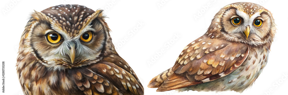 Fototapeta premium Realistic owl illustration, detailed feathers, vibrant eyes, wildlife art, nature-inspired design, educational purpose, animal portrait.