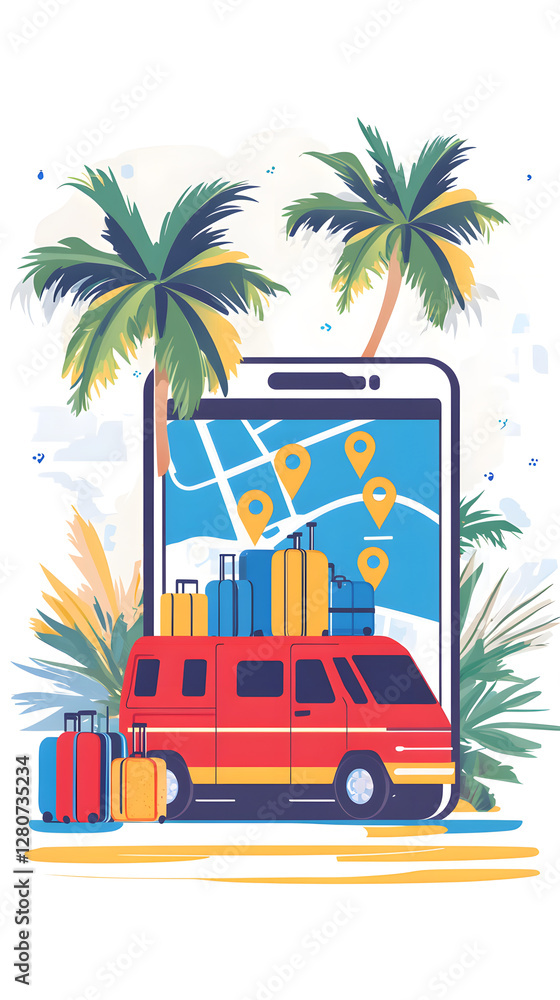 Obraz premium A flat vector illustration of a travel app logo design, featuring a map with a red van 