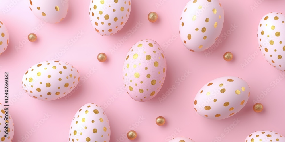 Celebrate spring with a delightful 3D render of Easter eggs adorned in golden patterns on a pink background Celebrate spring with a delightful 3D render of Easter eggs adorned in golden patterns on a pink background