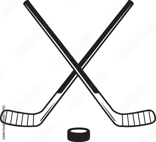  Crossed Hockey Sticks and Puck - Vector Outline Illustration