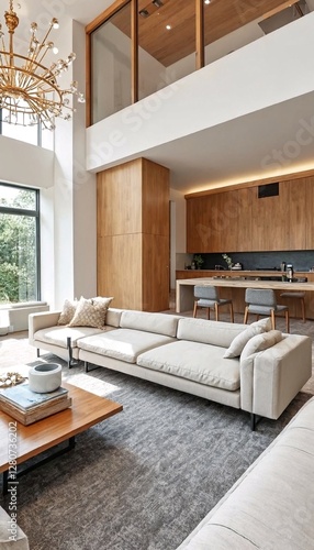 Modern minimalist interior design of an open-plan living space.
