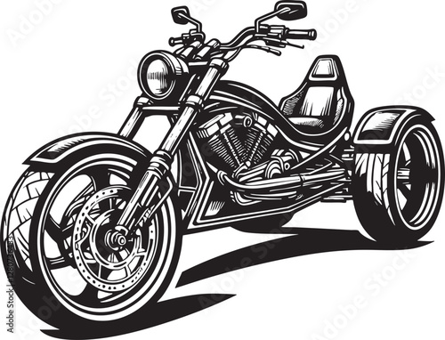  Vector Illustration of a Trike Motorcycle - Black and White Outline Design