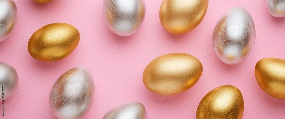 Decorate for Easter with luxurious golden and silver eggs on a soft pink background for creative projects Decorate for Easter with luxurious golden and silver eggs on a soft pink background for creative projects