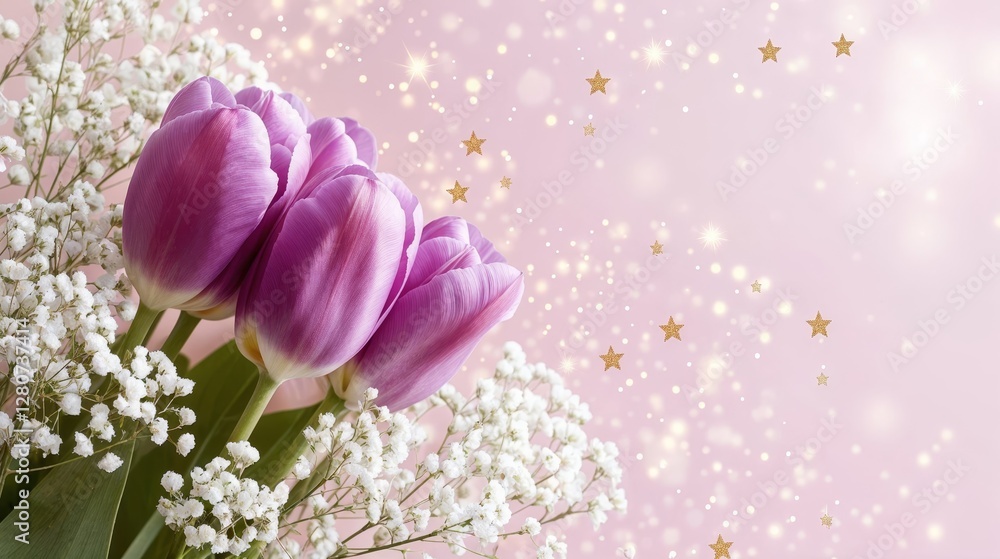 Obraz premium Purple tulips with baby's breath against sparkly pink and gold background