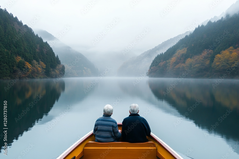 Japanese senior couple enjoying a quiet boat ride on a serene lake, surrounded by misty mountains, holding hands in peaceful silence. Japanese senior couple enjoying a quiet boat ride on a serene lake, surrounded by misty mountains, holding hands in peaceful silence.