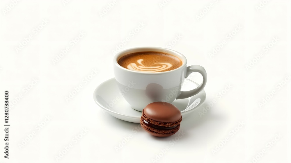 Fototapeta premium Elegant composition of coffee and macaroons on isolated white background