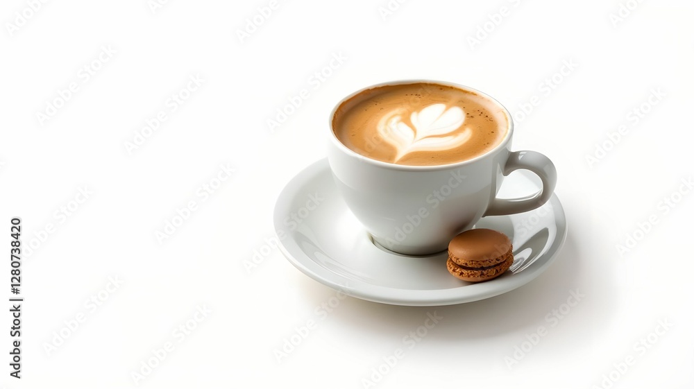 Obraz premium Elegant composition of coffee and macaroons on isolated white background