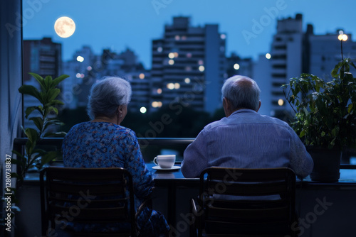 Hispanic elderly couple sitting on a rooftop terrace, enjoying a late-night cup of coffee, gazing at the moon and reminiscing about their youth. photo