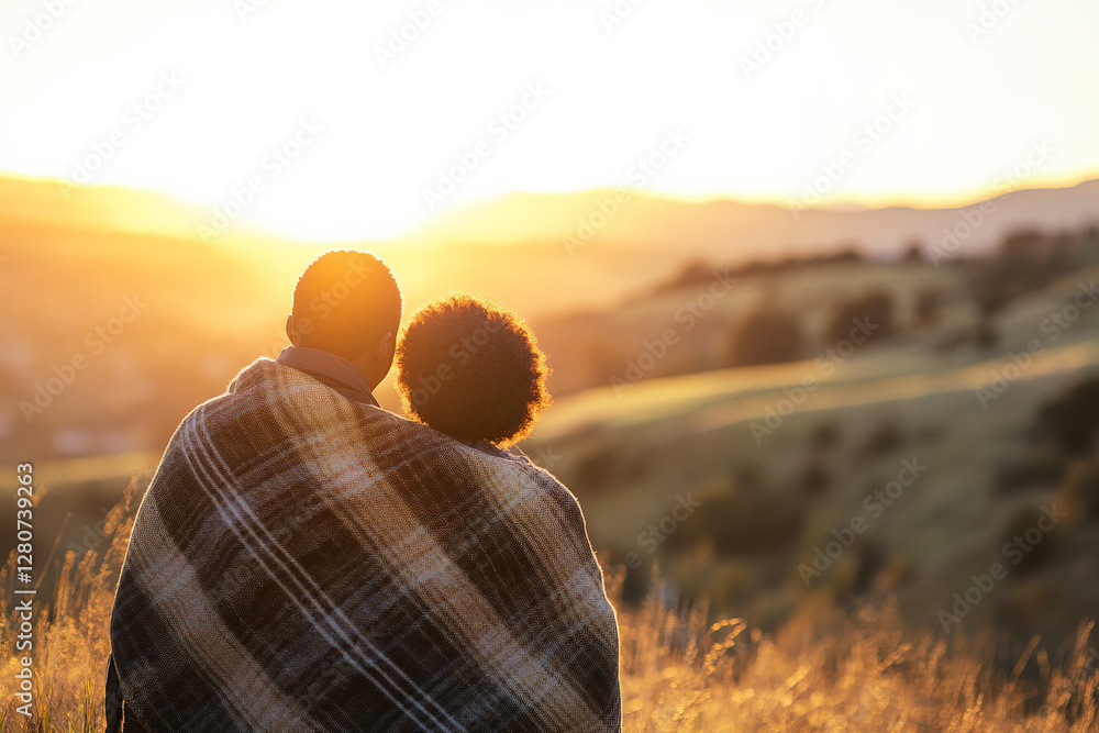 Black senior couple watching a sunset from a hilltop, wrapped in a single cozy shawl, enjoying the warmth of each other’s presence. Black senior couple watching a sunset from a hilltop, wrapped in a single cozy shawl, enjoying the warmth of each other’s presence.
