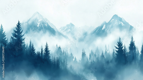 Watercolor Berglandschaft im Nebel