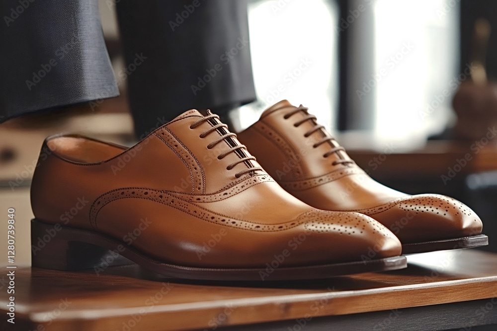 Classic men's brogue shoes crafted from polished brown leather rest on a wooden display, highlighting intricate details and timeless design alongside hanging dress pants Classic men's brogue shoes crafted from polished brown leather rest on a wooden display, highlighting intricate details and timeless design alongside hanging dress pants