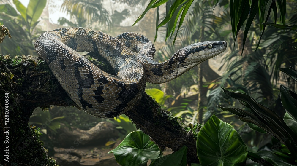 Naklejka premium Exotic snake coiled on lush tropical branch in vibrant jungle setting surrounded by dense foliage and natural sunlight
