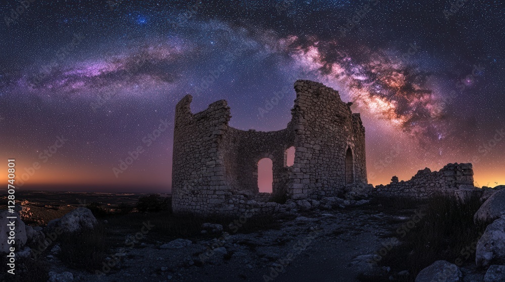 magical nightscape of a castle ruin under a sky filled with the Milky Way glowing arms magical nightscape of a castle ruin under a sky filled with the Milky Way glowing arms