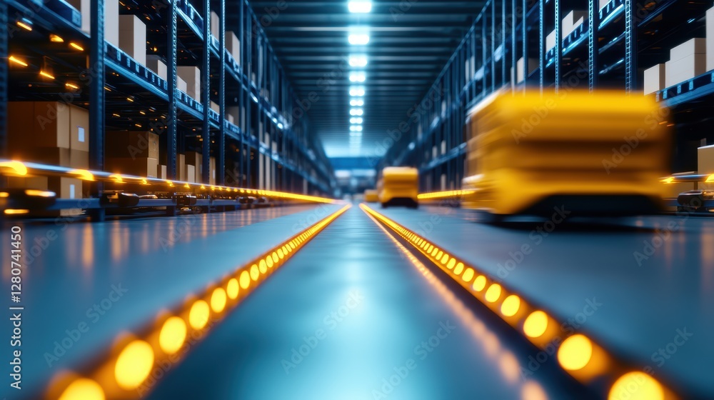 Automated robotics in modern warehouse with fast-moving conveyor system Automated robotics in modern warehouse with fast-moving conveyor system
