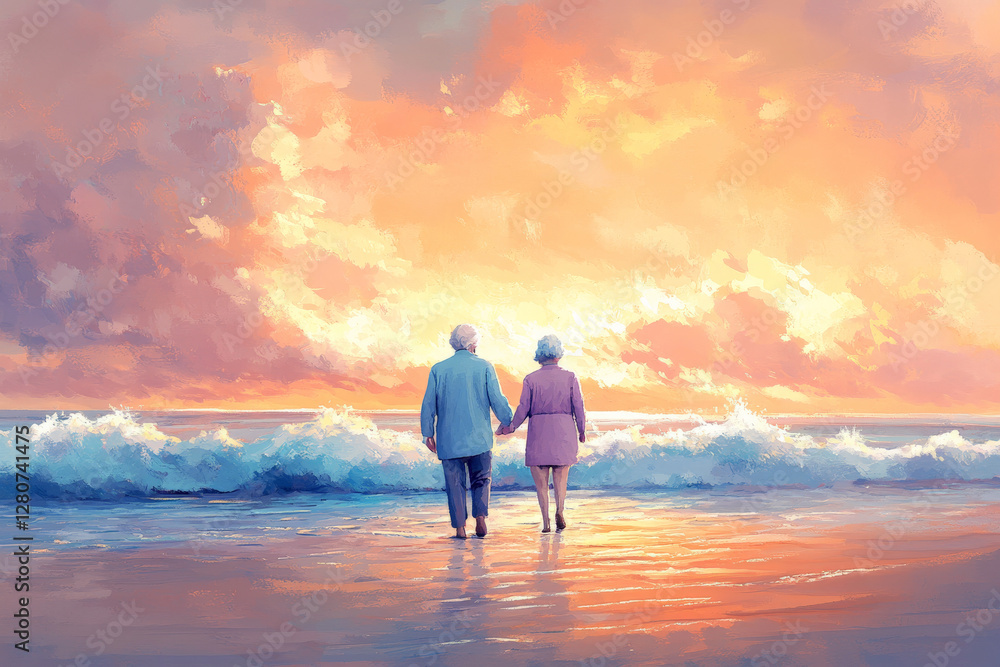 Fototapeta premium Caucasian elderly couple taking a walk on a quiet beach, holding hands as they watch the waves crash gently against the shore, the sky painted in pinks and oranges.