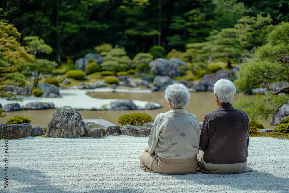 Japanese senior couple enjoying a peaceful moment together while admiring a beautiful zen garden, calmness and love in the air. Japanese senior couple enjoying a peaceful moment together while admiring a beautiful zen garden, calmness and love in the air.