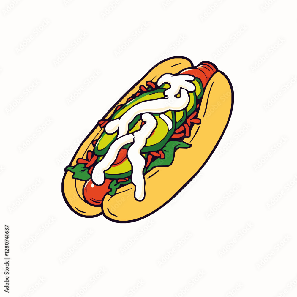 Chilean Completo Loaded Hot Dog with Avocado and Mayonnaise A Colorful and Hearty Fast Food Black Outline Chilean Completo Loaded Hot Dog with Avocado and Mayonnaise A Colorful and Hearty Fast Food Black Outline