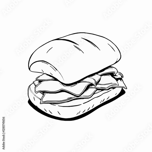 Cuban Medianoche Sweet Bread Sandwich with Roast Pork A Soft and Savory Delight Black Outline Vector