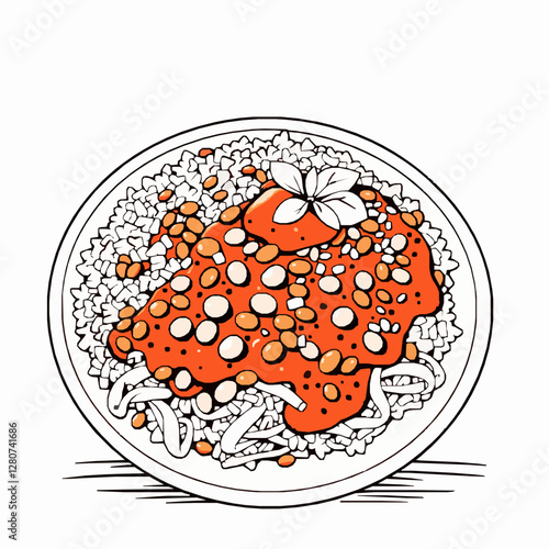 Egyptian Koshari Lentils, Rice, and Pasta with Spiced Tomato Sauce A Hearty and Flavorful Dish Black Outline
