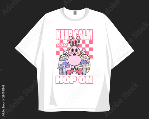 Easter t shirt design. Groove cartoon easter bunny graphic t shirt. Old school stye holidays design for festival