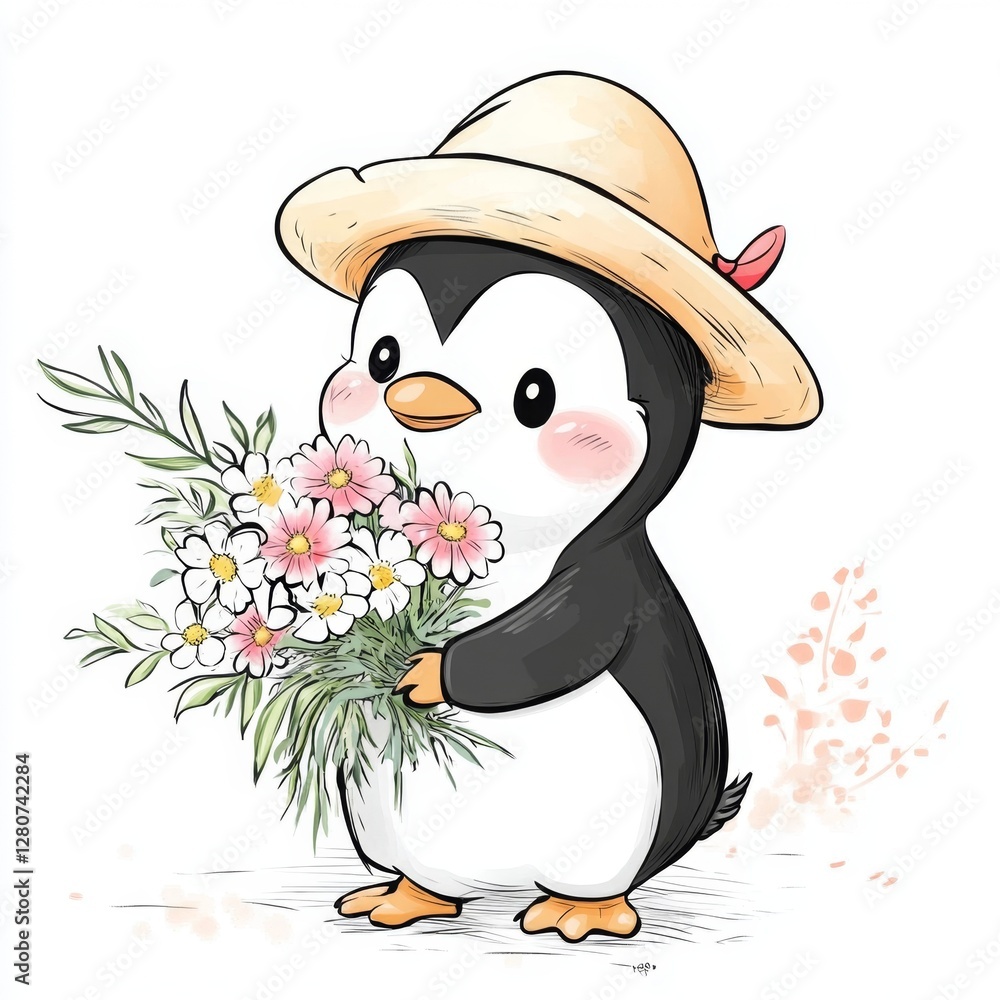 Fototapeta premium Adorable Penguin With A Bouquet Of Flowers Wearing A Straw Hat Artistic Render Isolated