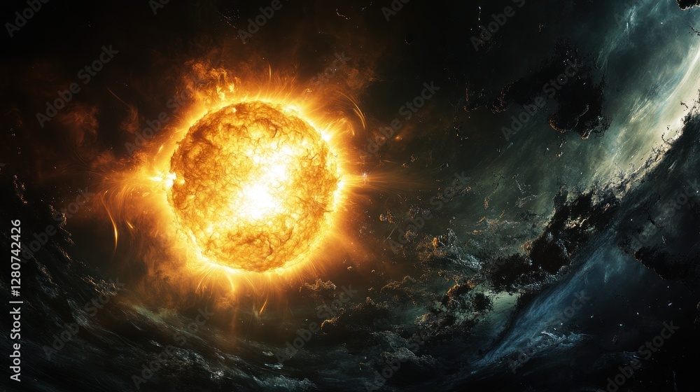 Obraz premium Fiery Sun Blazing Through Cosmic Clouds