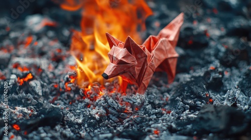 A red origami figure sits atop a pile of coal, waiting to be discovered photo