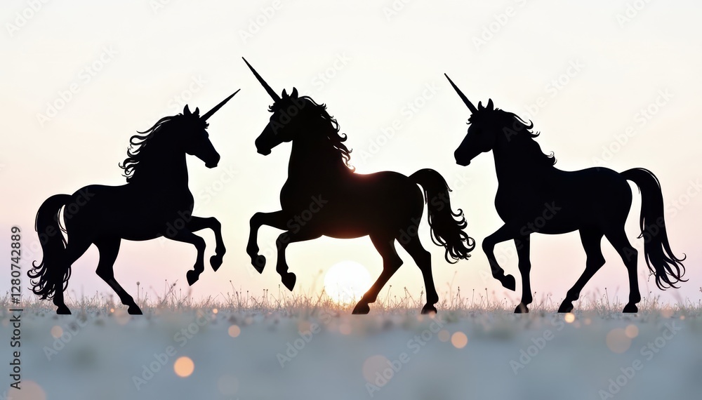 Naklejka premium Three black unicorn silhouettes, varied styles, shadow, free