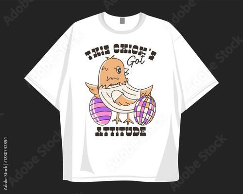 Easter t shirt design. Groove cartoon easter chick graphic t shirt. Old school stye holidays design for festival