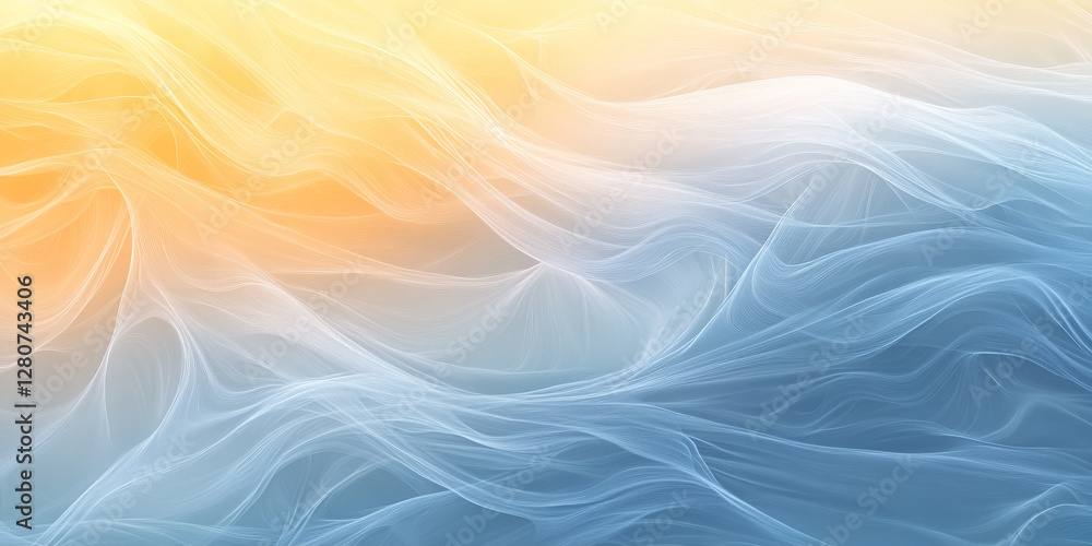 A seamless soft-focus abstract gradient in pastel peach fuzz, chambray blue, and sunshine yellow, forming a misty, ethereal glow.