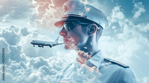 Ethereal Double Exposure of Pilot in White Uniform Merging with Wispy Clouds and Airplane Silhouette photo