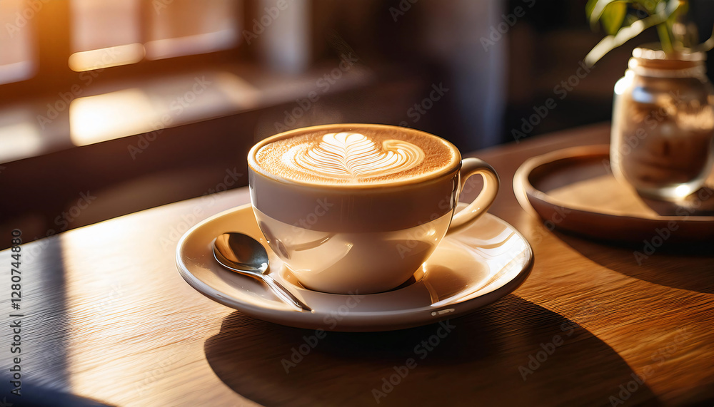 A steaming cup of cappuccino with intricate latte art on top, placed on a cozy café table with soft morning light filtering through the window A steaming cup of cappuccino with intricate latte art on top, placed on a cozy café table with soft morning light filtering through the window