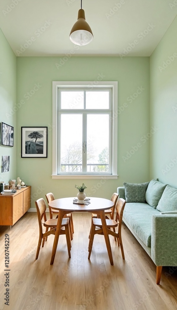 Fototapeta premium Interior of a room with mint green walls and light brown wood floors.