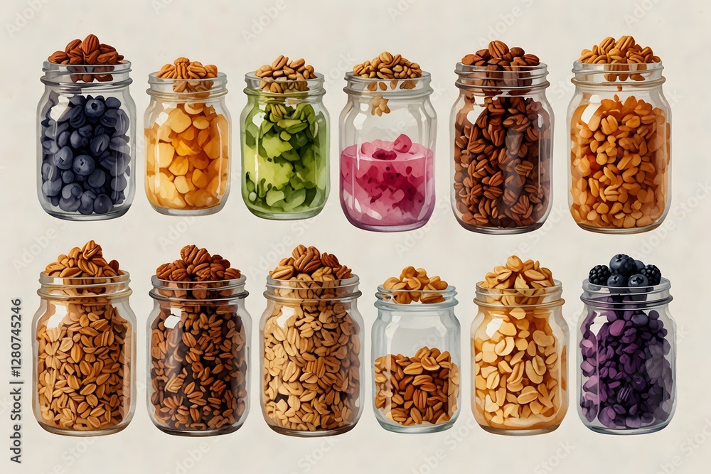Granola in different flavors showcased in jars in watercolor style Granola in different flavors showcased in jars in watercolor style