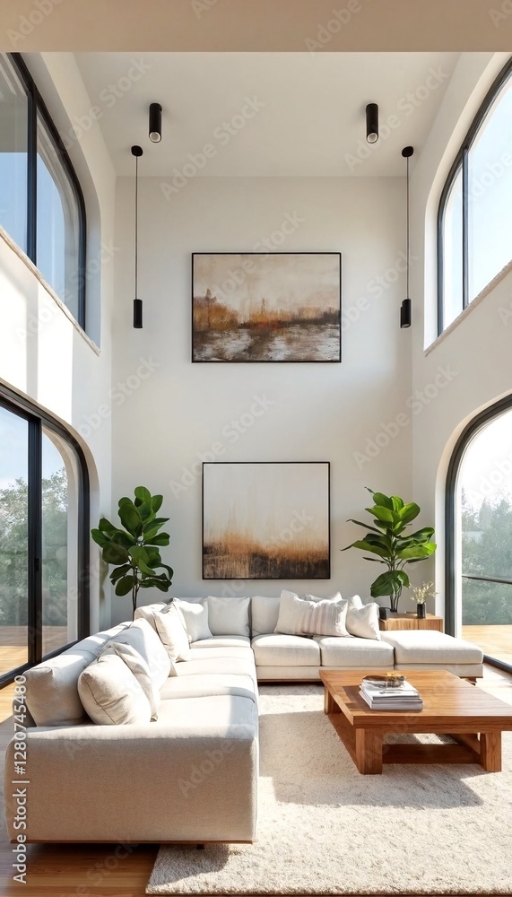 Fototapeta premium Interior Design: A Modern Living Room with White Walls and Arched Windows.