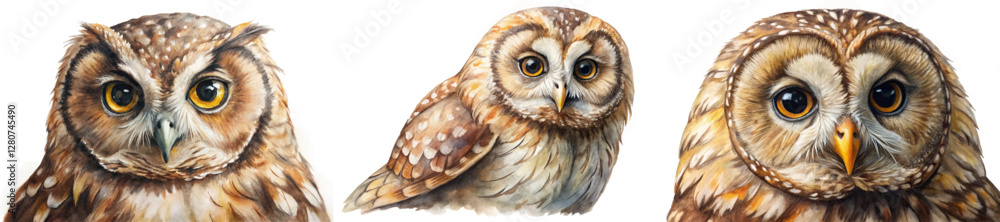Naklejka premium Realistic owl illustrations, detailed feathers, expressive eyes, wildlife art, nature depiction, animal portraits.