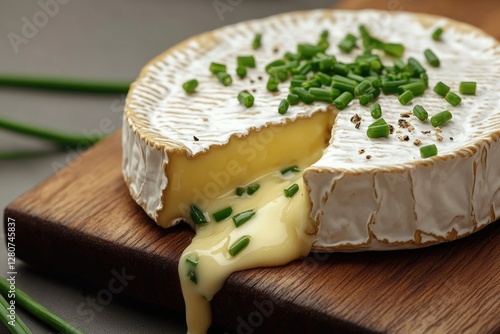 Freshly cut cheese with added cheese and chives on a wooden cutting board