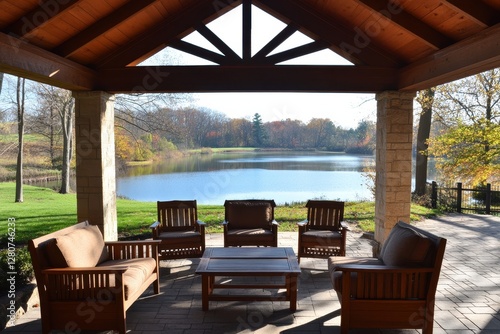 Peaceful lakeside view from a cozy outdoor pavilion in autumn