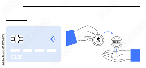 Contactless card, hand exchanging dollar coin and token. Ideal for fintech, blockchain, payments, transactions, modern banking, digital currency, abstract line flat metaphor