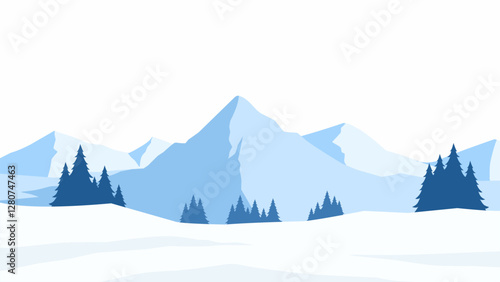 Landscape of snowy mountain scenery. Panoramic view of mountainside with snowy hill and pine trees. Vector illustration of scenic majestic mountain in winter season