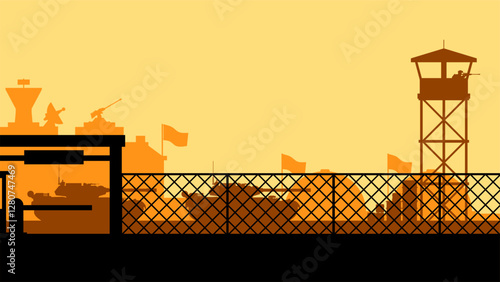 Landscape silhouette of military base scenery. Panoramic view of headquarter with military building and hangar. Vector illustration of scenic military bunker with tank and watchtower