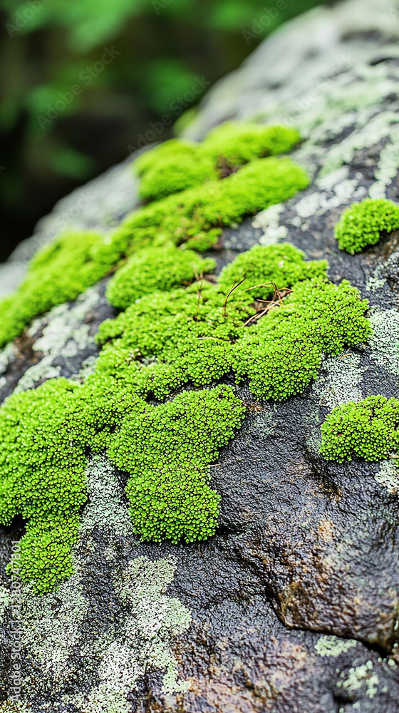 Obraz premium Lush green moss covering a rocky surface in a serene forest, showcasing nature's beauty and resilience