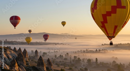 Hot air balloons soaring over a misty valley at sunrise creating a magical scene
