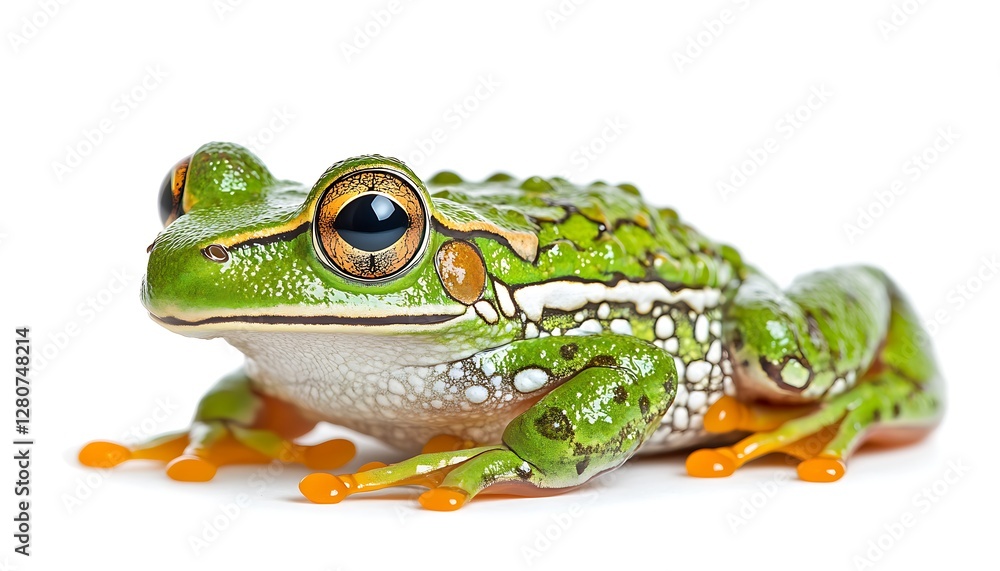 Fototapeta premium Green frog posing, white background, nature