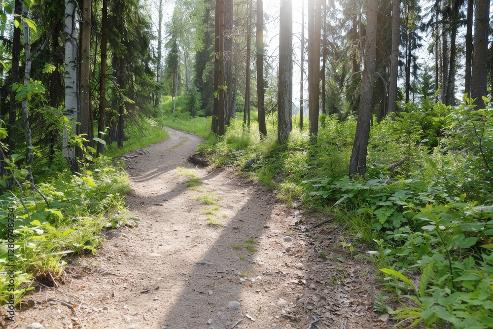 Serene Pathway Through Lush Green Forest Surrounded by Tall Trees and Soft Sunlight in Nature in Summer Serene Pathway Through Lush Green Forest Surrounded by Tall Trees and Soft Sunlight in Nature in Summer