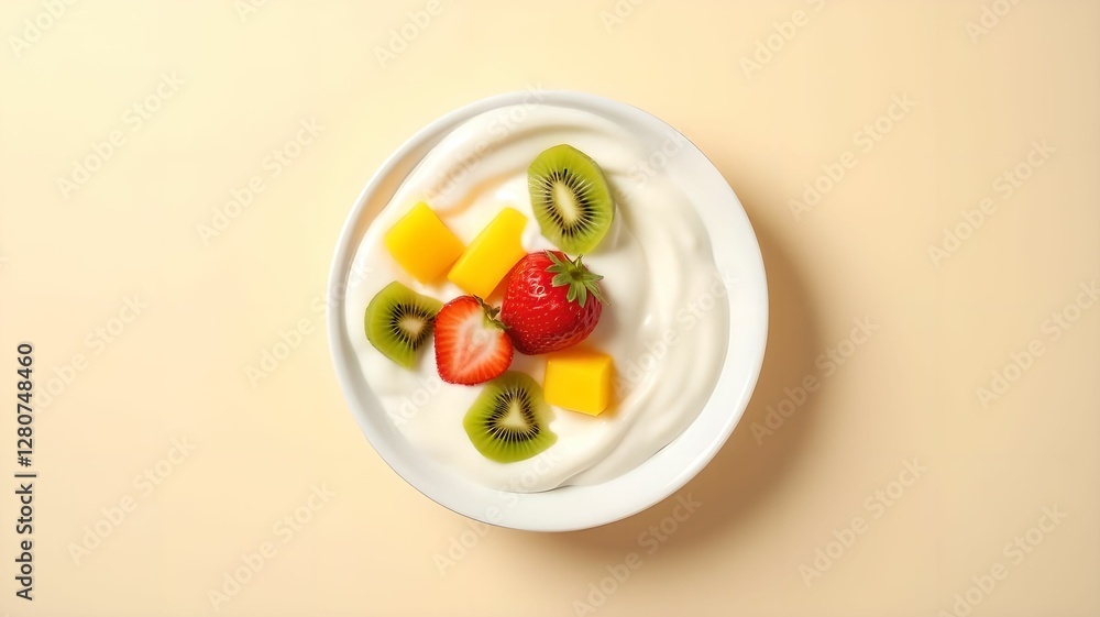 Delicious dessert with fresh fruit topping served on a cream base in bright light Delicious dessert with fresh fruit topping served on a cream base in bright light