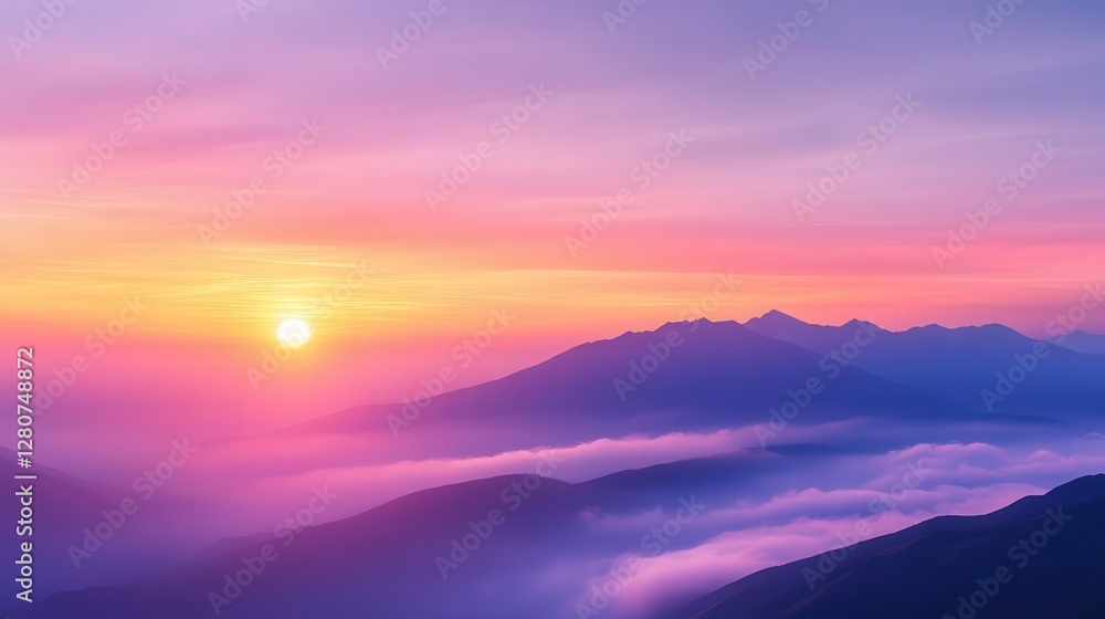 sunset, with clouds below, glowing in soft pinks and purples. The distant peaks emerge from the mist, bathed in golden twilight. sunset, with clouds below, glowing in soft pinks and purples. The distant peaks emerge from the mist, bathed in golden twilight.