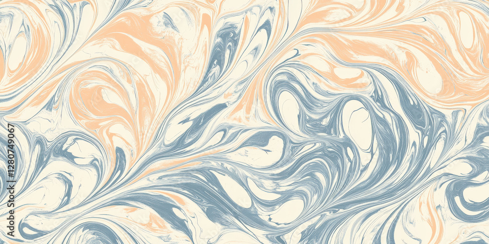 A non-seamless high-detail ink marble pattern, featuring soft curving waves in peach fuzz and chambray blue, forming a delicate artistic texture. A non-seamless high-detail ink marble pattern, featuring soft curving waves in peach fuzz and chambray blue, forming a delicate artistic texture.