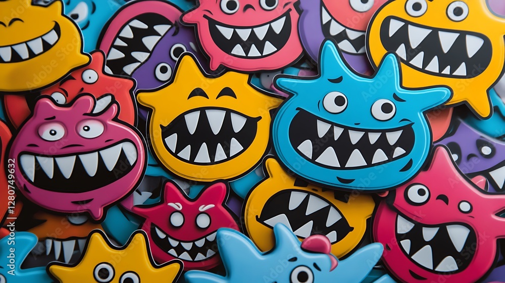 Cartoon Monsters Grouped Together, Variety of Colors and Expressions, Playful Cartoon Monsters Grouped Together, Variety of Colors and Expressions, Playful